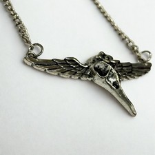 Gothic Raven Skull Pendant Necklace – Silver Tone with Wings – Unique Jewellery