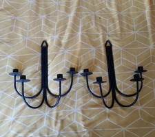 A Pair Vintage Forged Iron Wall 4 Candle Medieval Style Candelabra Candlestick