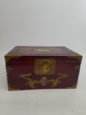 Vintage Rosewood Jewellery Chest Brass Chinese inscription Silk lining