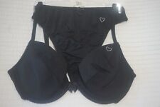 ROSE LEAF BRA AND THONG KNICKERS SET WITH HEART DETAIL - BLACK - UK 34 36 A B C