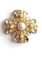 Vintage Gold Tone Statement sphinx Faux Pearl Clear Stone Brooch Spares Repair 