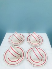 Set of 4 Vintage Alfred Meakin Red & Gold Stripe Tea Cups & Saucers 🌹