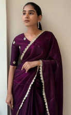 gold Sequin lace border organza saree indian wedding designer bollywood sari