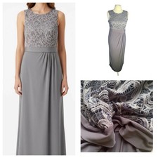 WALLIS Grey Maxi Dress Size 14 Lace Bodice Stretchy Skirt Party Cruise Sleeveles