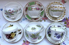 Vintage English china mismatched Set 6 Tea Cups/Saucers Pink green violet floral