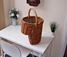 Step Basket Woven Wicker Storage Handle Oval Stair Vintage Wood Brown