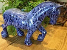 Vintage Signed “RG” Blue & White Glazed Pottery Shire Horse Piece Gift