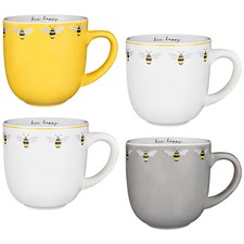 Set of 4 Bee Happy Printed Mugs Tea Coffee Cups Kitchenware Mug Premium Quality