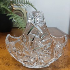 Vintage Cut Crystal Basket Bowl Starburst Fan Pattern Decorative Collectible 