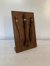 African Tribal Hand Carved Wooden Fork Knife Spoon Utensils On Wooden Display