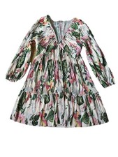 H&M White Floral Pleated Long Sleeve Midi Dress L UK 16 Romantic Garden Print