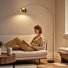Modern Arc Standing Lamp with Shade & Foot Switch for Bedroom, Gold Tone