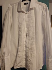 Dobell Men's White Cotton Dress Shirt 19cm, Double Cuffs, Hidden Buttons