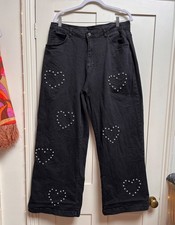 Lazy Oaf G.E.M Cross My Heart Wide Leg Jeans Size 34 inch waist diamanté studs