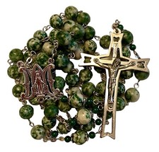 Rosary Handmade In Green Spot Jasper Gemstones with Vintage Italian Crucifix