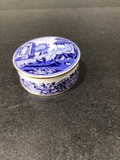 Very Rare Spode Blue Italian Fine Bone China Round Trinket Box With Gilding