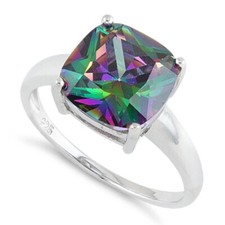 Sterling Silver Large Cushion Cut Rainbow Topaz Cubic Zirconia Statement Ring UK