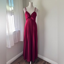 Vintage ‘70s Crimson Spaghetti Strap Pleated Floor Length Evening Gown