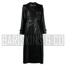 Leather Trench Coat Womens - Black Long Belted Double Breasted Real Lambskin
