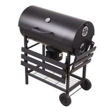Charcoal BBQ-Portable Barrel Barbecue with Warming Rack Wheels Temperature Gauge