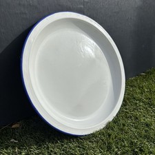 Vintage White Enamel Dinner Pie Plate Blue Rim 26cm