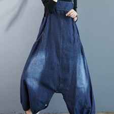 Women Denim Baggy Dungarees Overalls Jumpsuit Ankle Length Loose Harem Pants