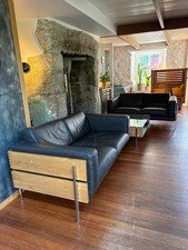 Robin Day Forum – 2 x Two-Seater Sofas + Glass Coffee Table – Oak & Leather