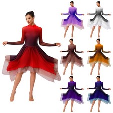 UK Women Long Sleeve Praise Irregular Swing Skirt Latin Ballroom Dance Dress