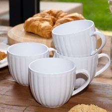 Set Of 4 White Luxe Oversized Mugs 420ml Stoneware Ribbed Glazed Hot Coffee Cups
