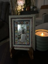 VINTAGE HANDMADE SPANISH CEARCO CERAMIC, ENAMELLED AND WOOD-FRAMED FLORAL MIRROR