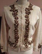 Vintage 50s ROYALE Hong Kong Beaded Embroydered Wool/silk Lined Cardigan Top M