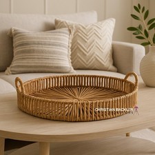 Round Wicker Effect Tray with Handles 50cm Boho Scandi Table Basket Decor
