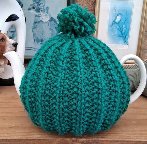 Hand knitted ribbed tea cosy - hand,