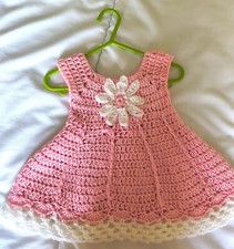 DAISY  Hand - Crocheted Pink Baby Dress with Flower & Lace Hem/Baby Gift