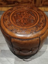 Peruvian Brown Tooled Saddle Leather Pouff, Ottoman Hassock With Handle 60' VTG 