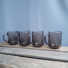 Arcoroc France X4 Heat Proof Glass Coffee Mugs Vintage 80s Smoke Black 