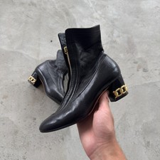 Vintage 90s Casadei Leather Ankle Boots Gold Chain Heel Zip Front Size 8