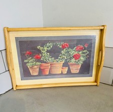 Wooden retro Cloverleaf melamine tray with a "Geraniums/Pots" design