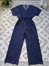 Ditsy Navy Polka Dot Shirred Waist Wide Leg Jumpsuit L 12 14
