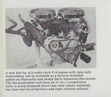 1962 Dodge Plymouth Ramcharger 413 Max Wedge Cross Ram V8 Magazine Article Ad 62