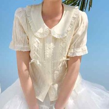 Japanese Lolita Shirt Top Girl Button Bowknot Blouse Ruffle Puff Sleeve Sweet