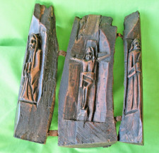 Antique folk art hand carved from a Tree Log Religious Travellers Alter Triptych