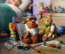 BEAR REPAIR original OIL ON CANVAS by Raymond Campbell cute painting TEDDY robot