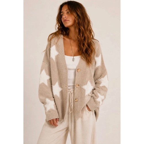 Tan white star oversized knit - tan,