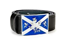  Saltire Thistle Highland Leather Kilt Belt and Buckle MG2 Chrome + Blue