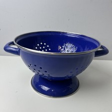 Vintage Blue Enamel Colander Strainer With Handles Farmhouse Kitchen Prop