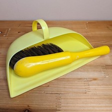 60s 70s Vintage Dustpan And Brush Set Yellow Wooden Brush Plastic Pan Retro Prop