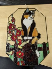 Large Vintage Stained Glass Cat Picture Handmade