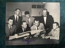 Scott Carpenter signed 7x5 photo. Original 7 Astronauts Inspect Mercury 7 Model