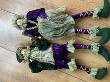 2 Vintage Flexible Violin Playing Dolls Figures Christmas Velvet Green Purple